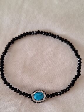 Black Beaded Stretch Bracelet with Turquoise Accent and Crystal Halo